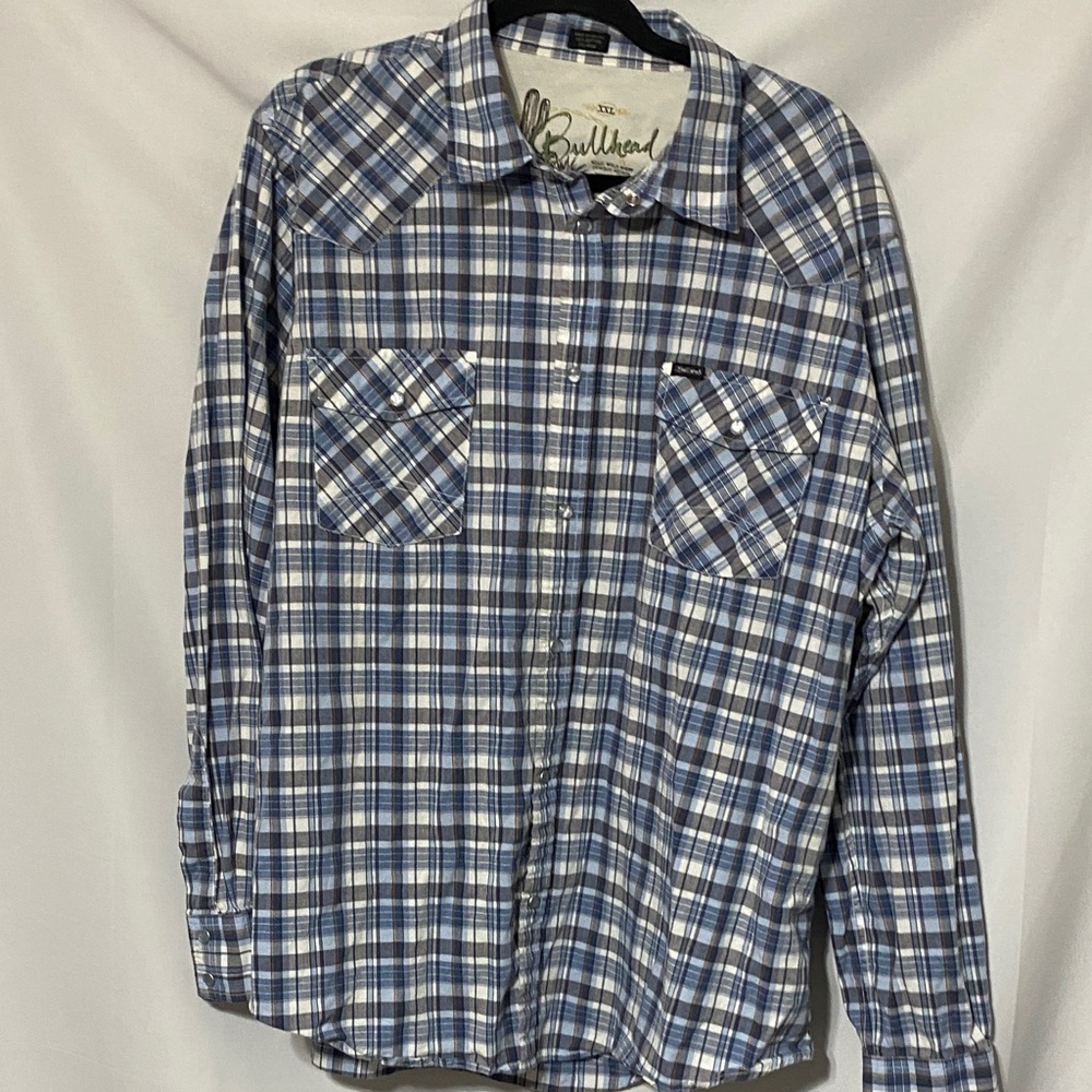 BULLHEAD WESTERN-SHIRT MENS SIZE XXL‎ BLUE PLAID PEARL SNAP BUTTONS 100-% COTTON